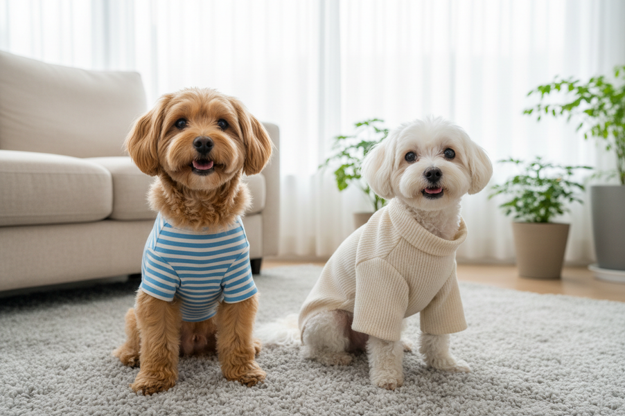 Small dogs in clothing fit comparison, showing one with a snug chest and one with a looser fit