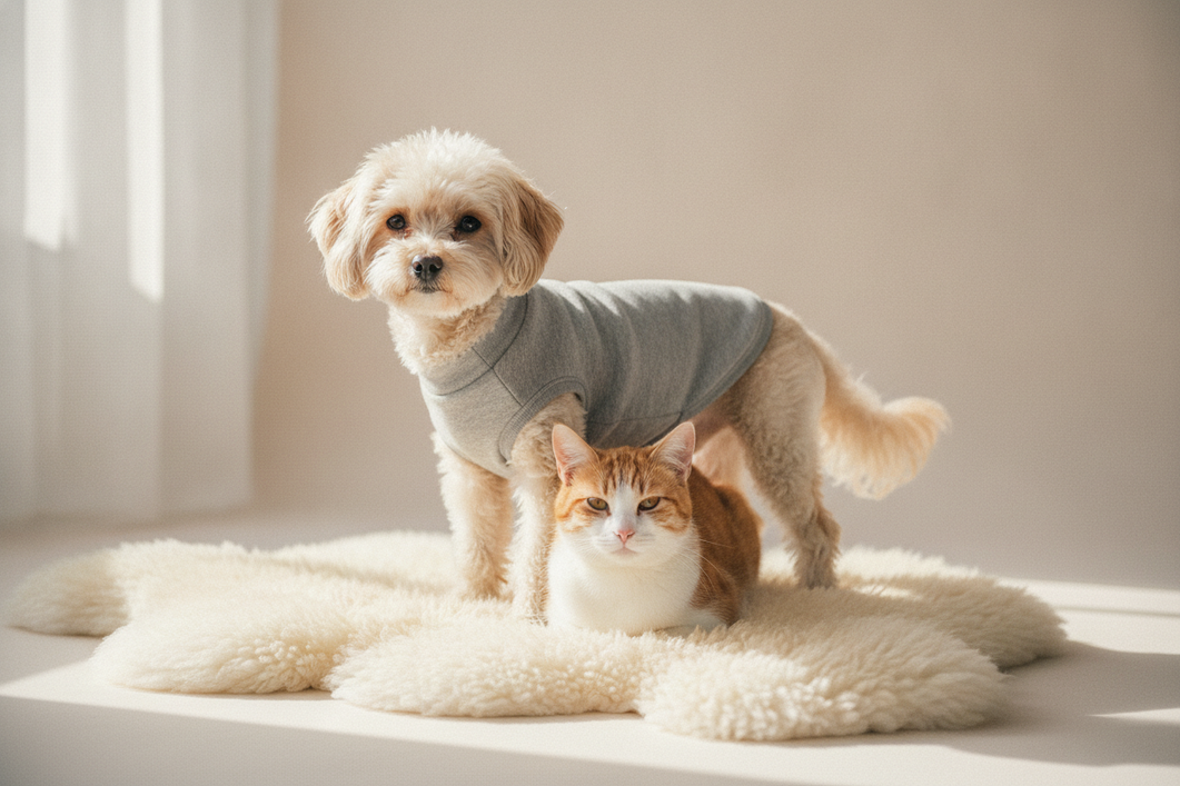 Small dog and cat sharing a cozy clothing fit check on a neutral studio backdrop, with a sweater being compared for chest and back comfort