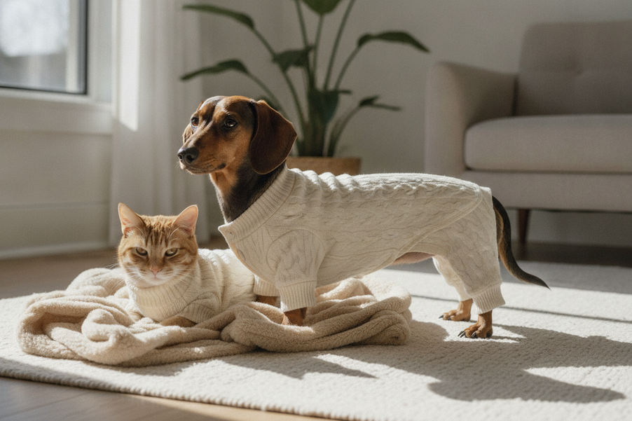 Small long-bodied dog in cozy pajamas with a cat beside it, showing how body coverage can look different on long and short pets