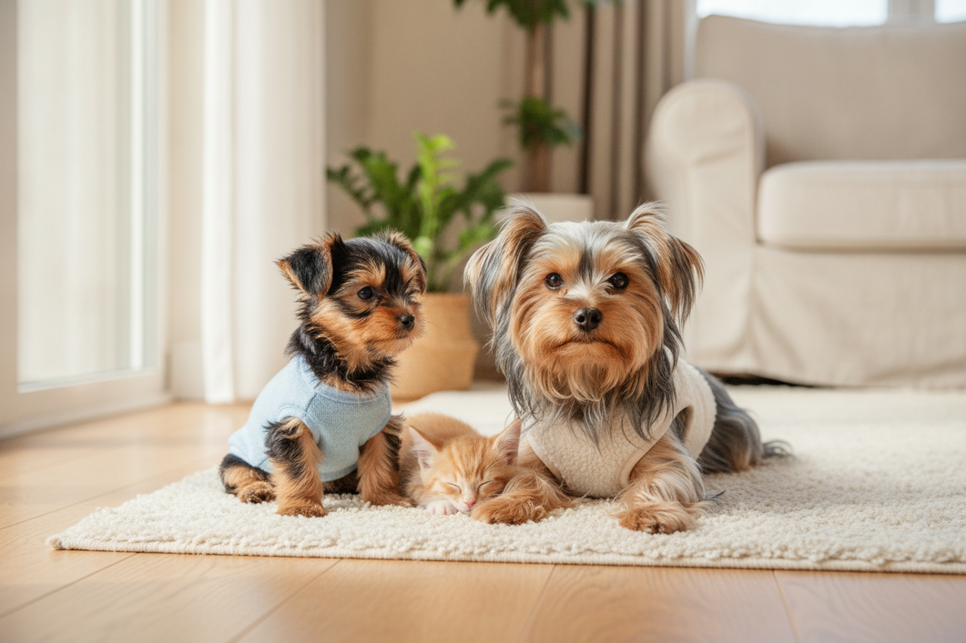 Yorkie puppy beside an adult Yorkie in a side-by-side pet fashion scene, showing growth and coat color change for apparel fit comparison