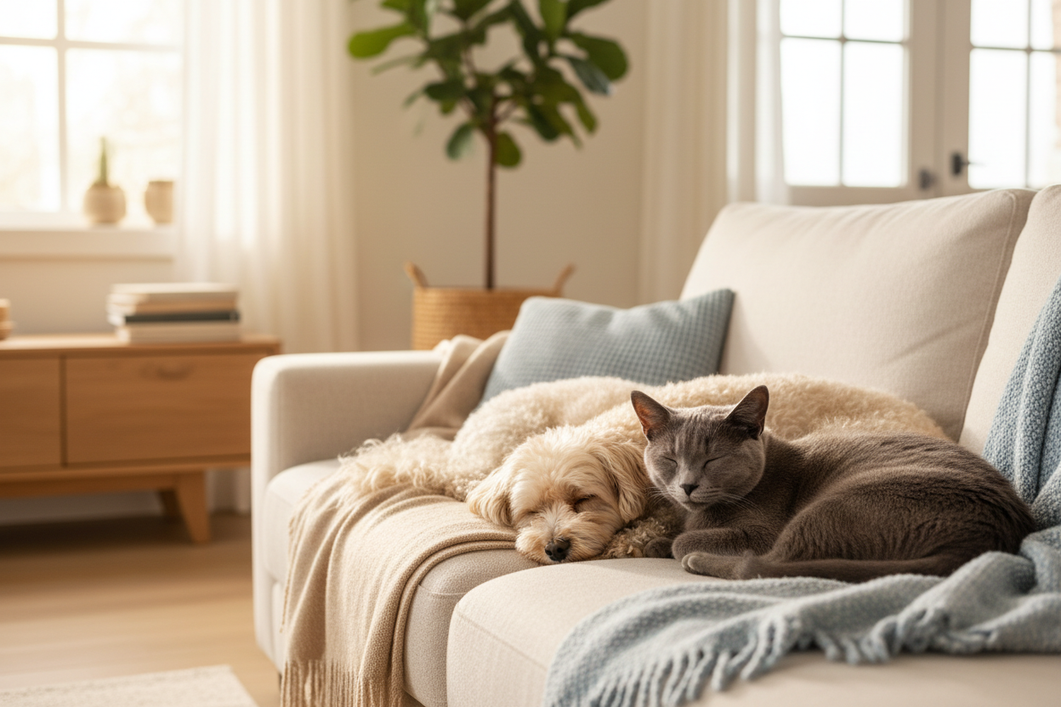 Two small dogs and a cat in a bright home setting, showing a calm household scene for comparing low-shedding pet options