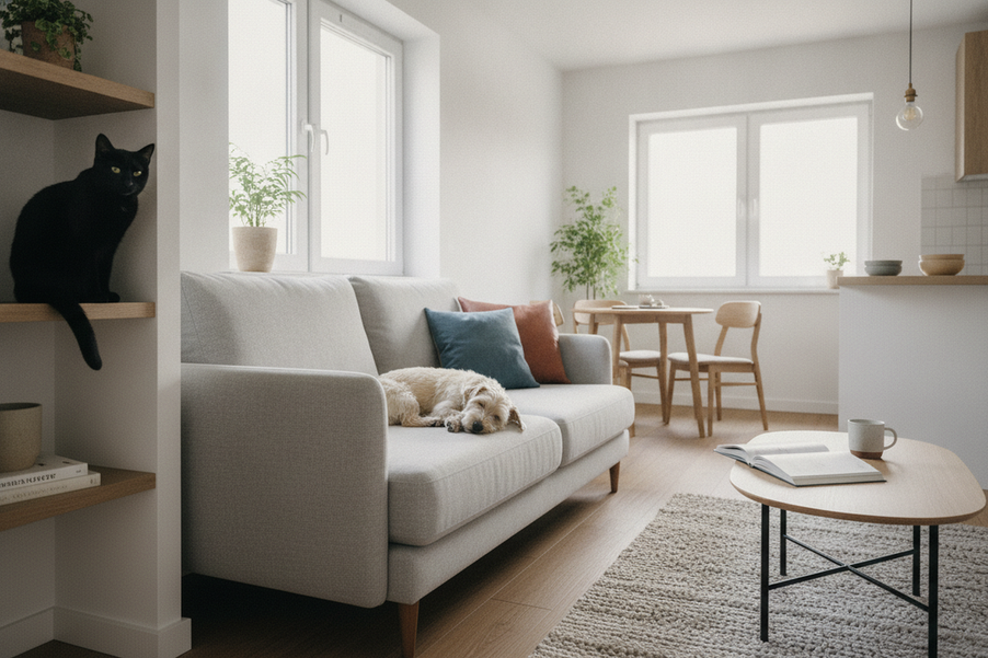Chihuahua in an apartment setting with a cat nearby, showing a calm city-home lifestyle