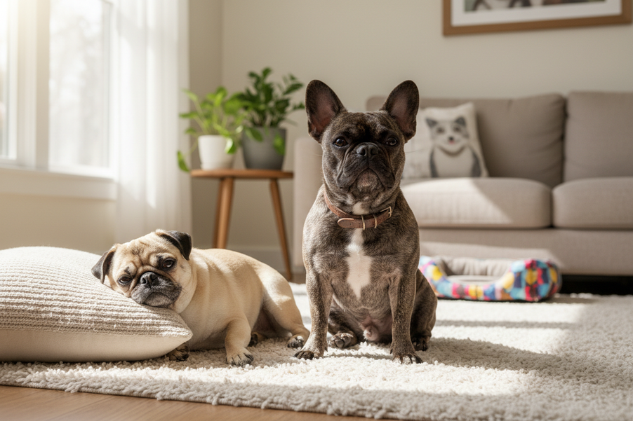 Pug and French Bulldog in a shared home setting, showing two small companion dogs in a calm indoor comparison scene