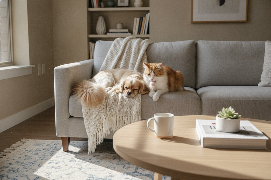 Quiet small dog in a shared-wall home with a cat nearby, calm indoor lifestyle scene