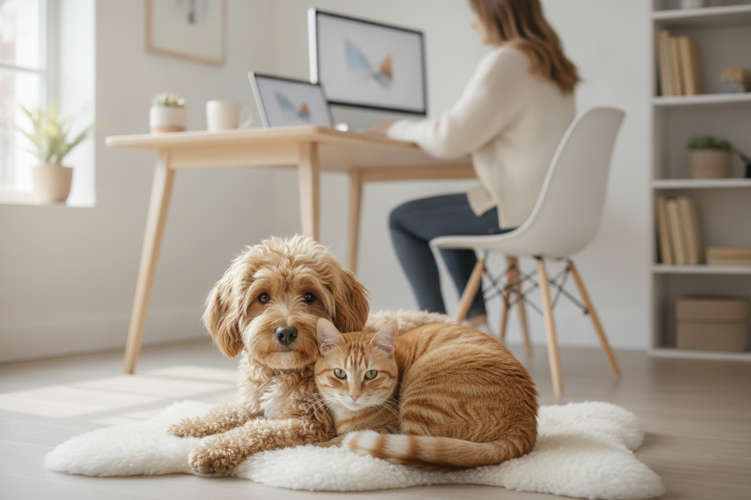 A small calm dog resting beside a laptop while a cat sits nearby in a quiet home office