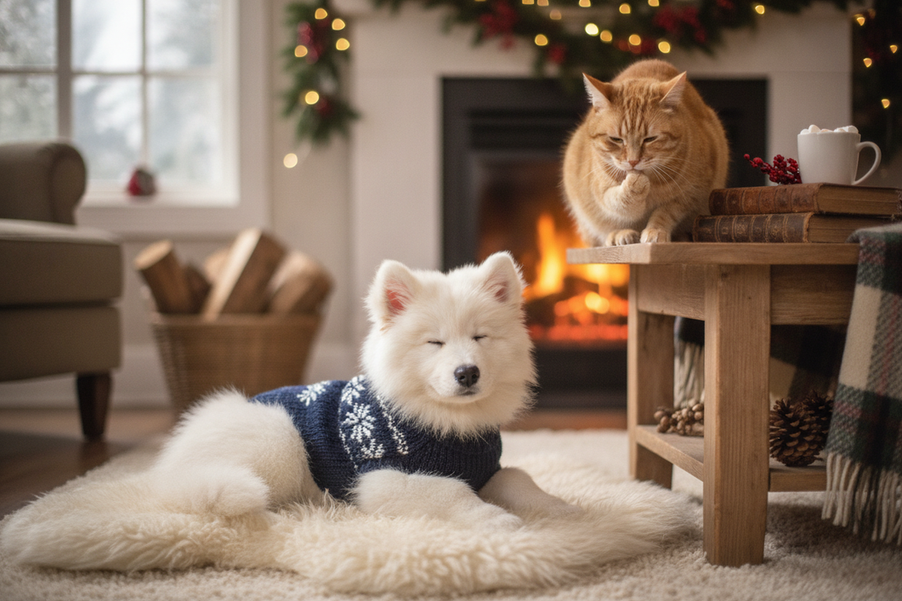 Small fluffy dog in a cozy winter sweater beside a calm cat indoors, showing a warm pet scene for cold-weather comfort
