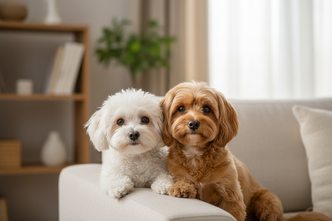 A bichon frise and a havanese blending into one soft, playful pet portrait on a neutral home background, showing the two small dogs as a comparison-friendly editorial image