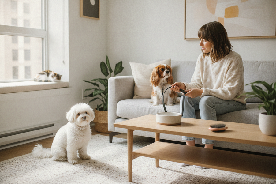 A small companion dog and a small fluffy dog sharing a cozy apartment sofa with a person nearby, illustrating apartment living and daily care choices