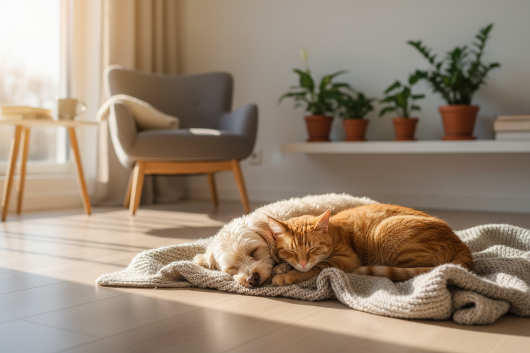 A small dog and a cat resting calmly together on a couch in a bright home, showing a senior-friendly companionship scene