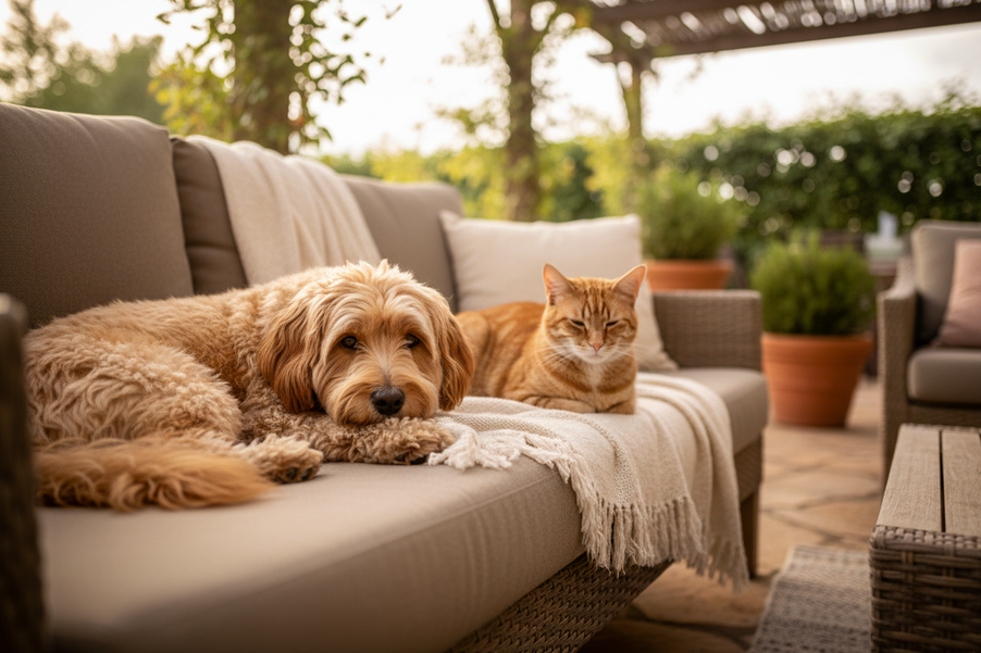Small dog in a light sun shirt resting in shade beside a cat, with summer pet comfort and heat safety styling