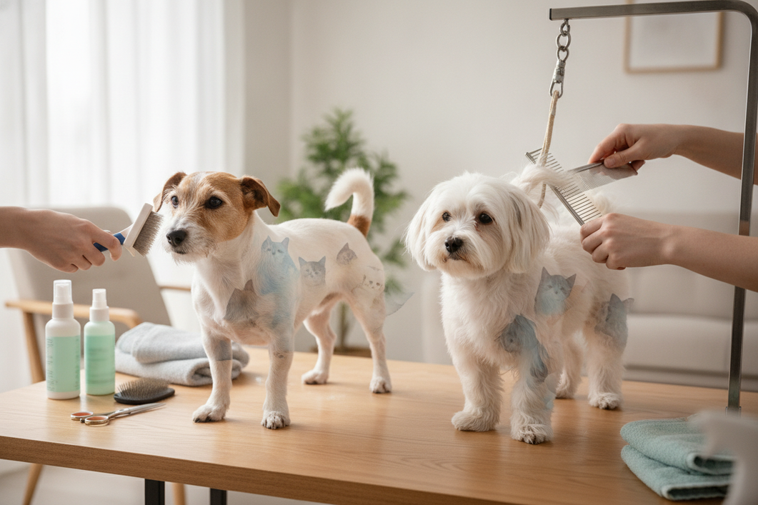 Small dog grooming comparison with a short-haired dog and a longer-coated dog being gently brushed on a clean table