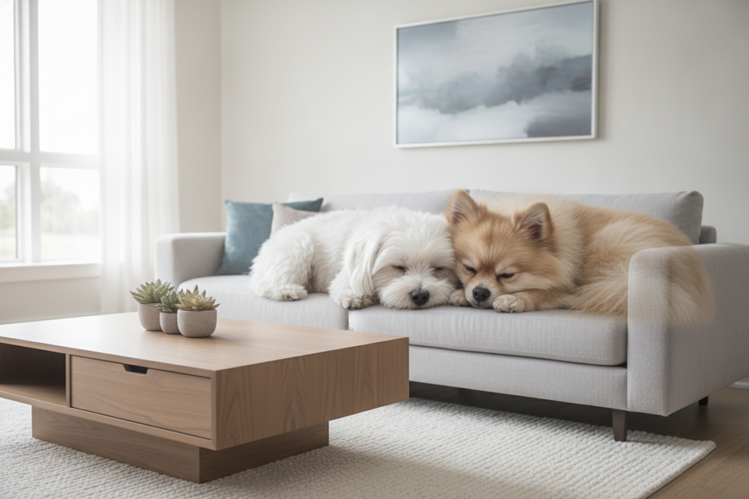 A small white dog and a small fluffy dog relaxing together in a quiet apartment living room