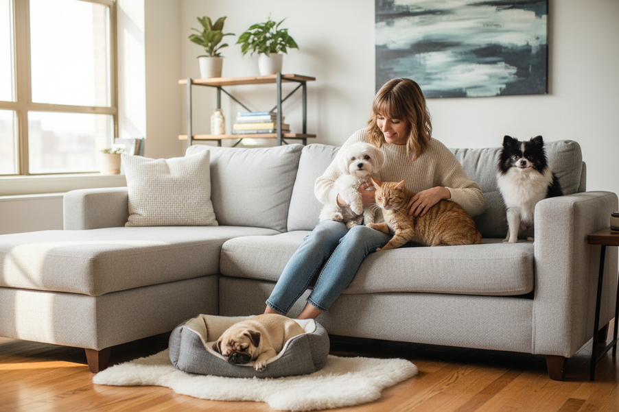 Small apartment dogs shown together with a cat in a cozy home setting, illustrating a first-time owner comparing companion breeds for city living.