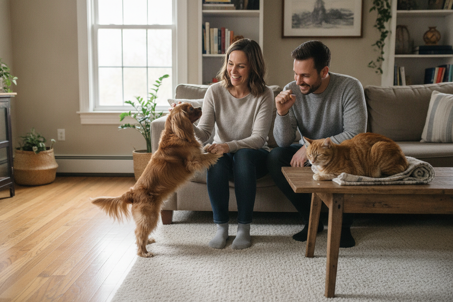 Small dog meeting two visitors in a bright living room while a cat rests nearby