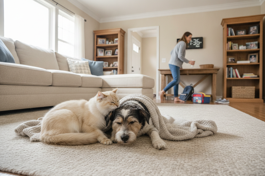 Busy family with a small dog and a cat sharing a calm home routine, shown in a lifestyle scene with one adult checking a daily schedule while the pets rest nearby