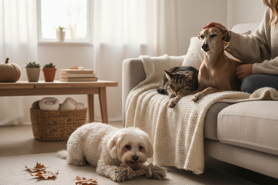 Italian Greyhound in a cozy sweater with a small dog and cat beside it indoors, showing a first-time owner winter-ready pet setup