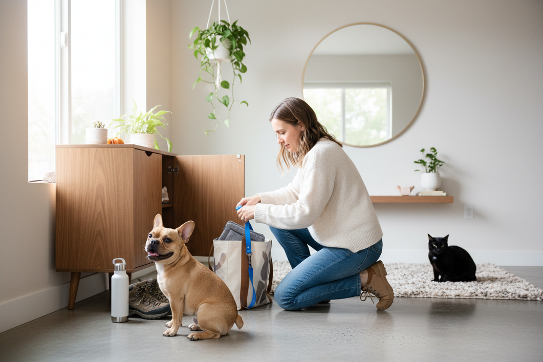 Active small dog in a city apartment with a person preparing for a walk, showing an energetic but manageable companion for apartment life