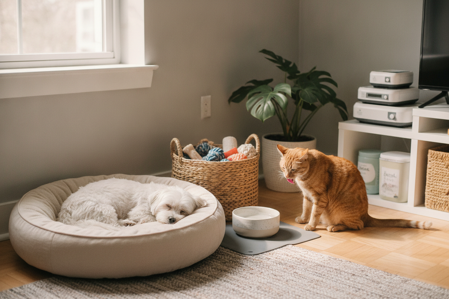 A small dog and a cat sharing a cozy apartment living space with toys, a bed, and a tidy routine setup