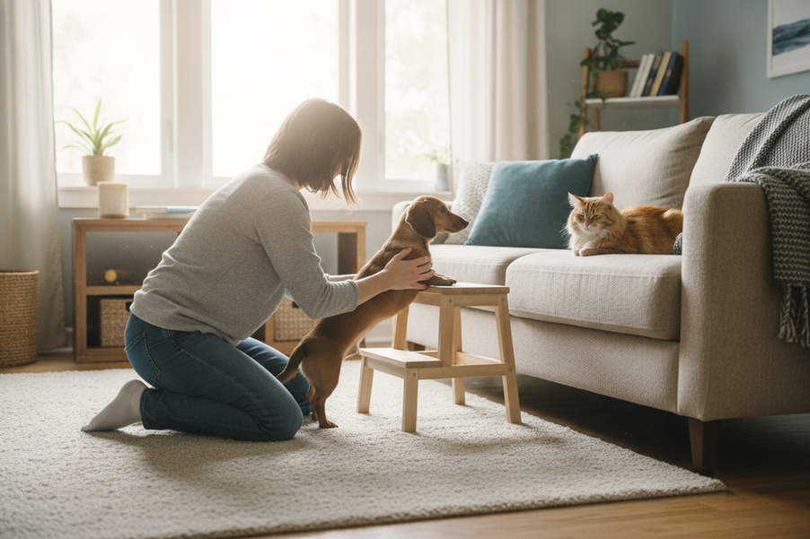 Small long-bodied dog and cat resting together at home beside a low step and a sofa, showing careful handling and easy movement