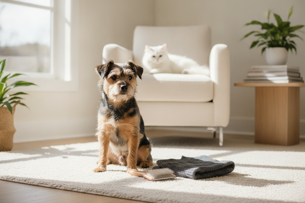 Small dog with a mixed coat type standing beside a grooming brush and folded dog sweater on a clean home floor