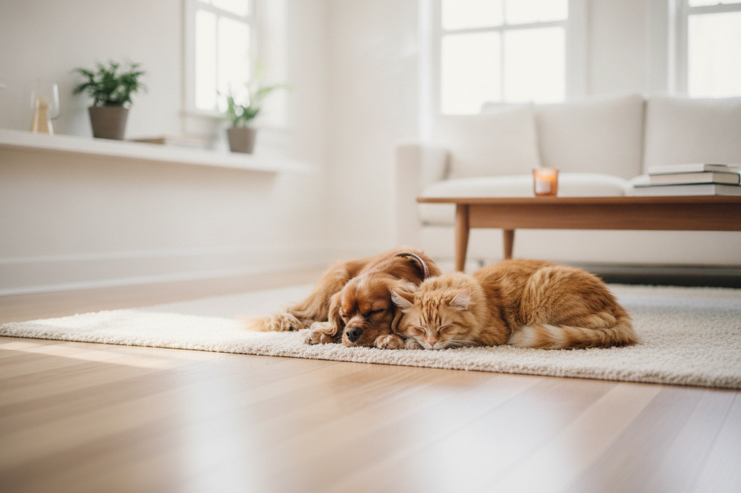 Small family dog and cat resting together in a bright home setting