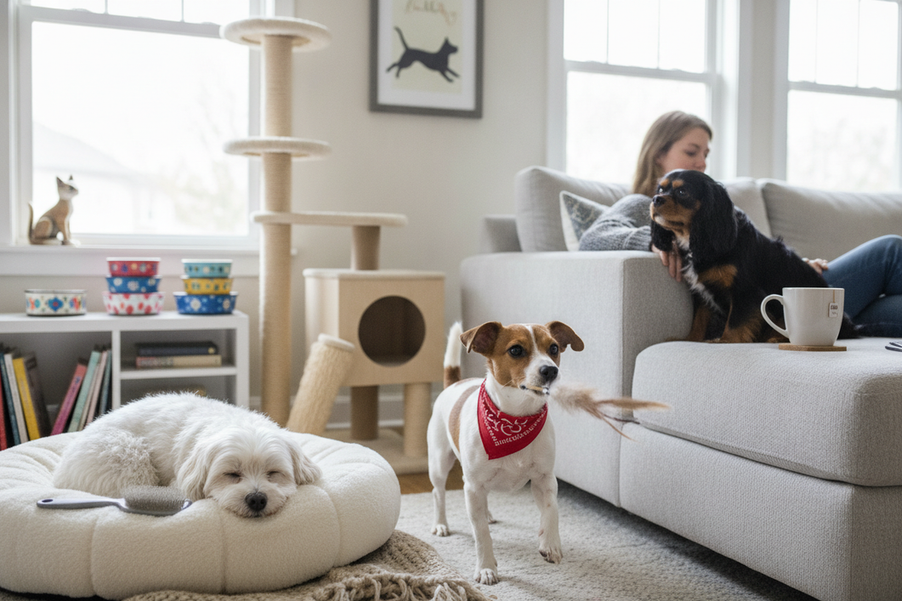 Small companion dogs shown in a cozy home setting, illustrating different household fit and grooming needs