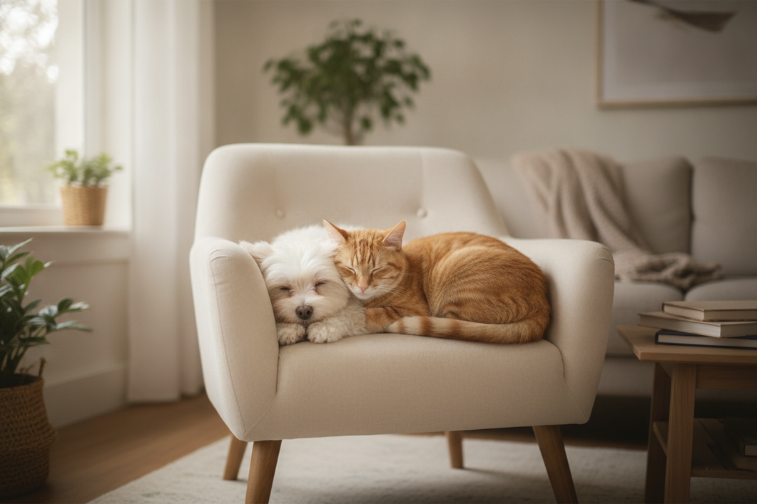 Collage-style scene of a small dog and a cat resting together on a couch, showing a calm lap companion in a cozy home setting