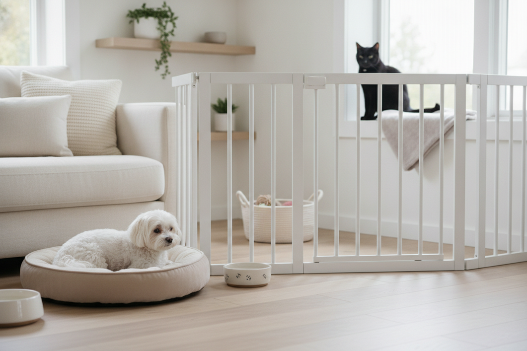 Small dog and cat calmly sharing a home scene with a visible barrier and separate resting spaces
