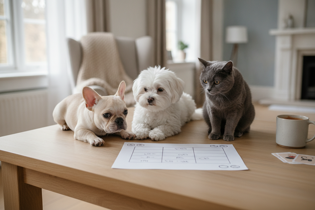 Two small dogs and a cat beside a comparison worksheet on a table in a bright home interior