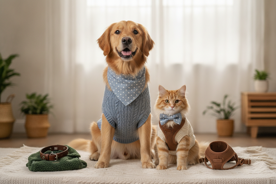 Collage-style scene with a cat and a dog in coordinated pet clothing for a photo-focused outfit decision
