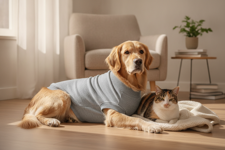 Dog and cat in a cozy pet outfit scene, shown as a general lifestyle image for evaluating potty-friendly coverage and fit