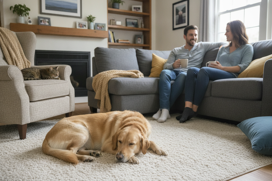 Adult and dog sharing a calm indoor guest visit with the dog comfortable and relaxed