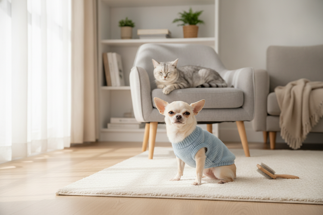 Chihuahua with a lightweight outfit and a small cat nearby, calm home setting, showing gentle coat care before wear