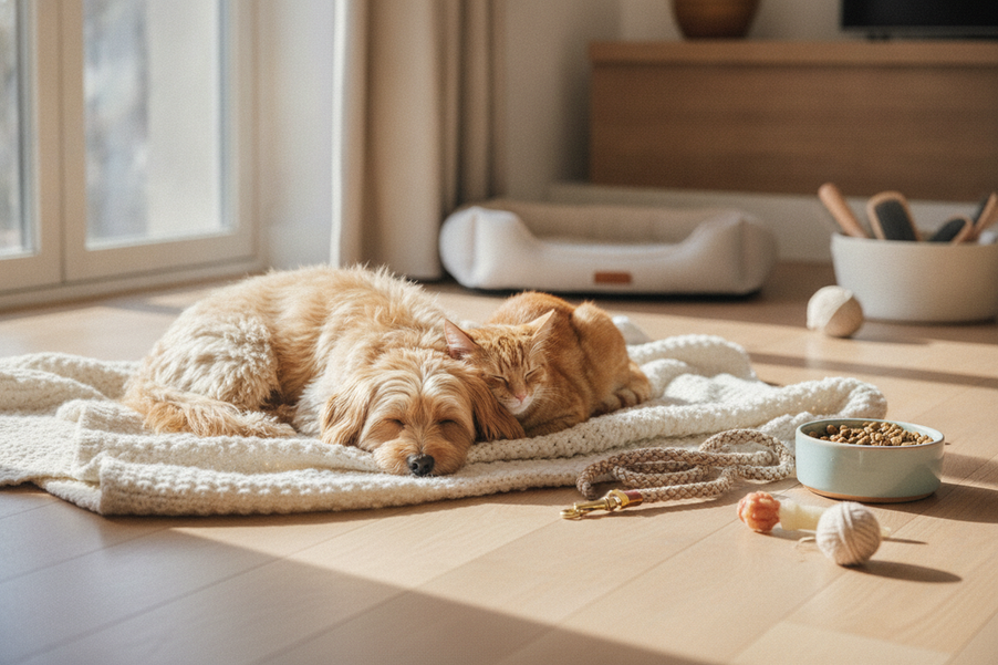 Small dog and cat together in a cozy home scene with a leash, food bowl, and blanket, showing a daily care routine