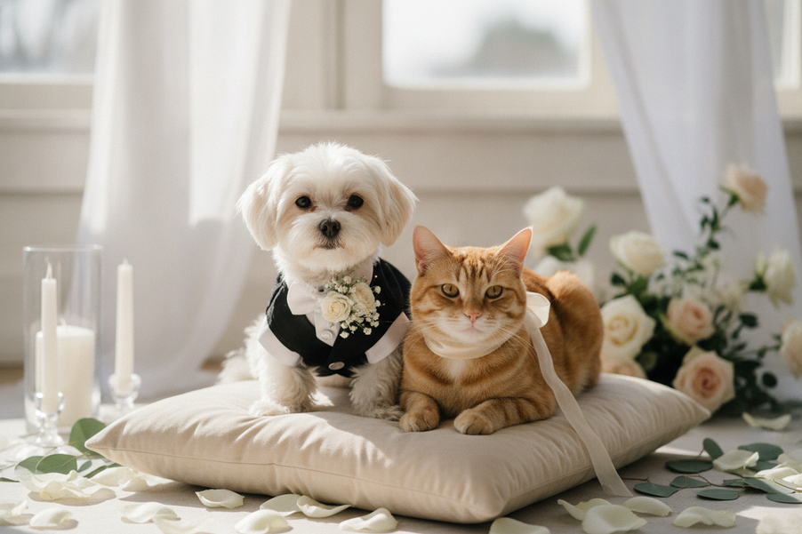 Dog and cat together in a wedding-style ceremonial scene with a formal pet outfit idea, shown as a broad editorial hero image