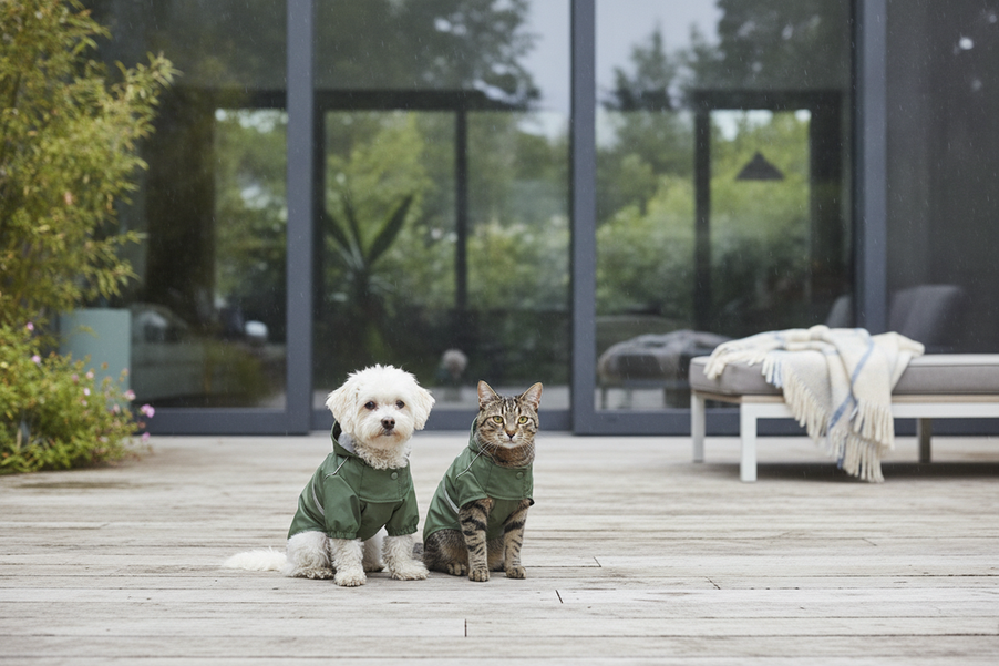 Dog and cat together in practical pet apparel for weather protection, shown outdoors in a soft lifestyle scene