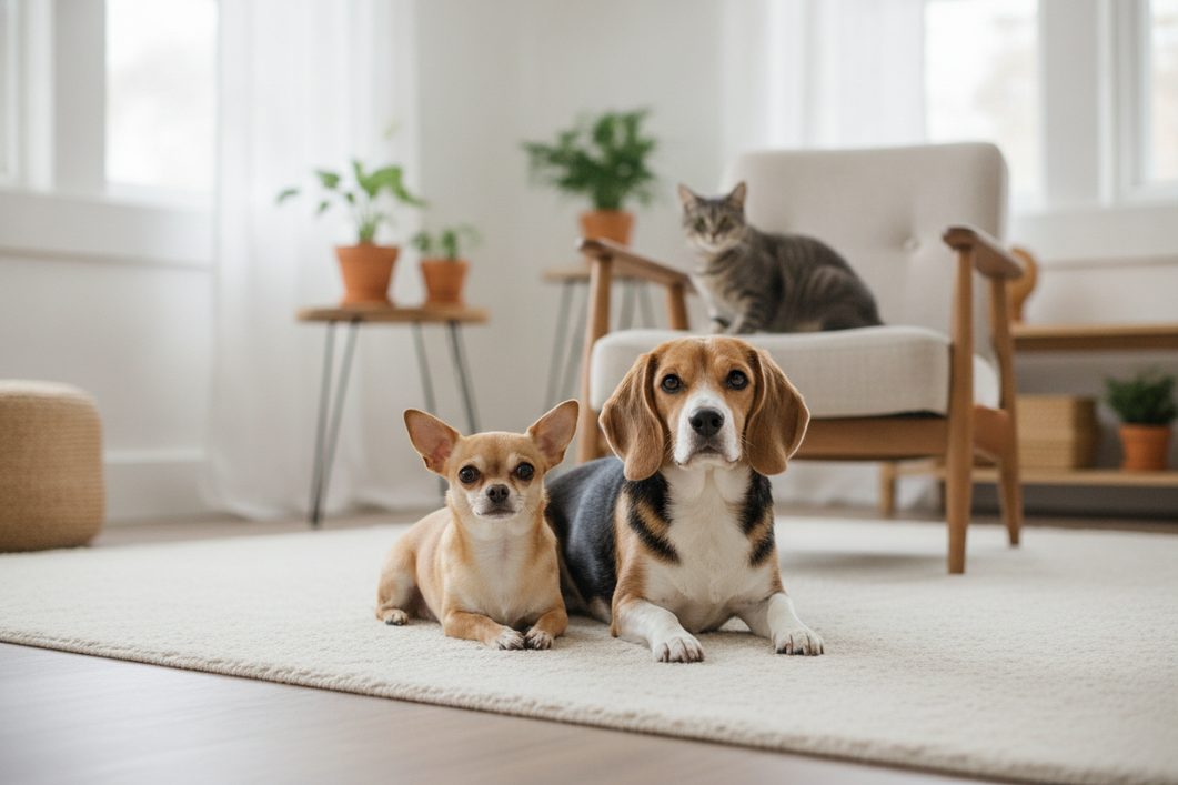 Toy and small dog breeds shown together in a clean lifestyle scene for size comparison