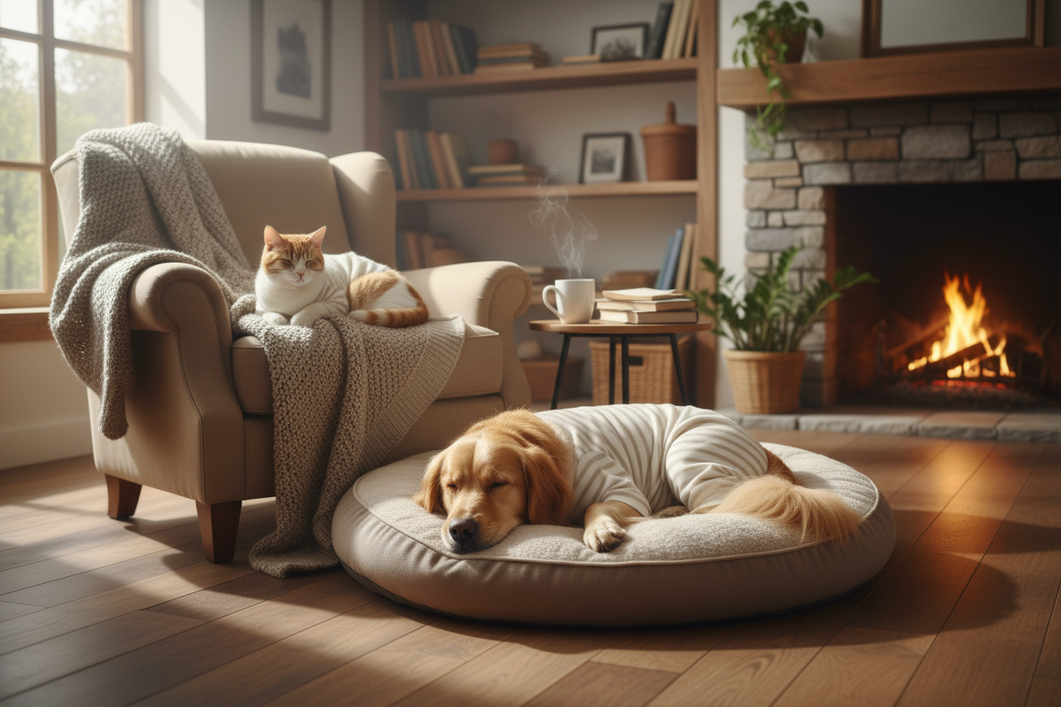 Collage-style image of a cat and a dog in coordinated full-body pet sleepwear, shown together in a cozy indoor setting
