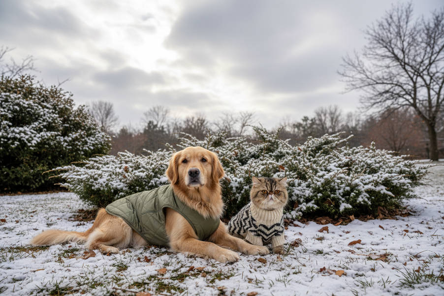 Dog and cat layered together in a weather-ready pet outfit scene for comparing coat and jacket use in different conditions