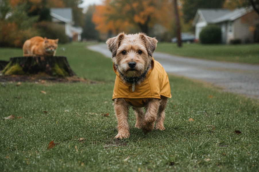 Small dog in a raincoat with fuller belly coverage standing on wet grass beside a muddy path