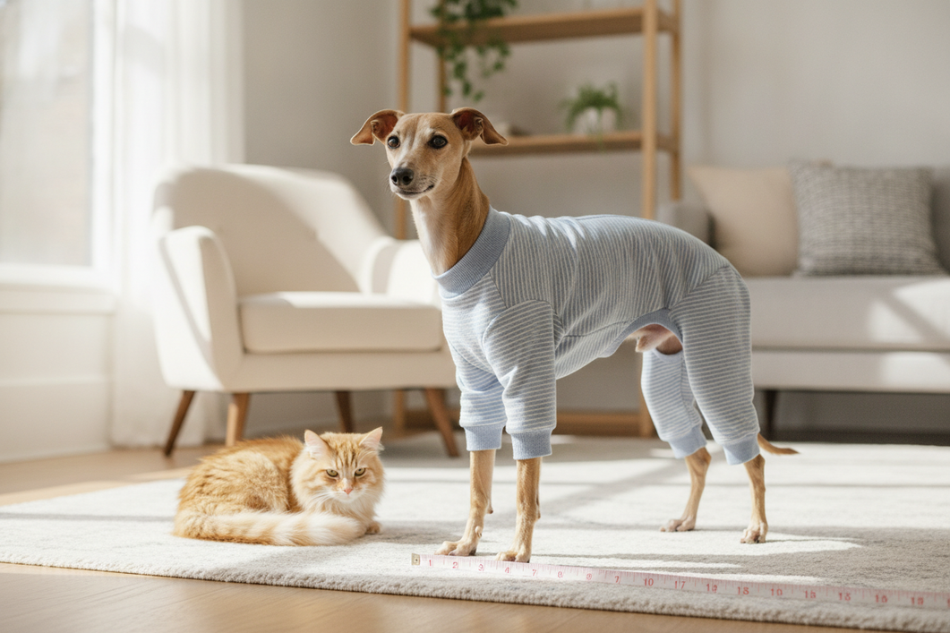 Italian Greyhound pajamas fit check with a slim small dog standing beside a measuring tape while a second pet is nearby for scale