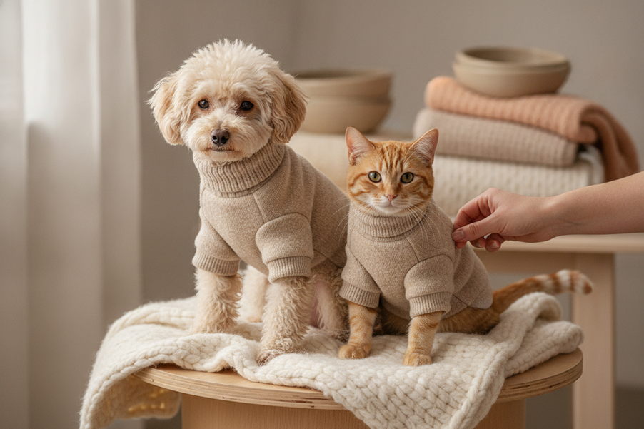 Dog clothes quality checklist cover image showing a small dog and cat in cozy pet clothing on a neutral studio background