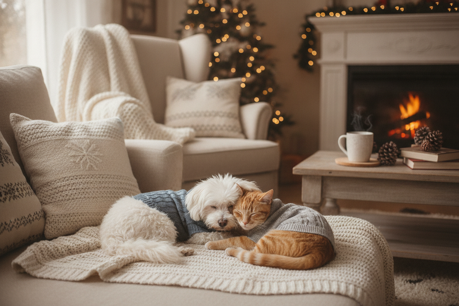 Small dog and cat together wearing cozy winter outfits indoors