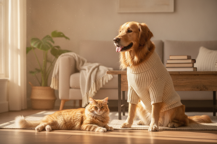 Dog and cat blended together in a cozy pet clothing scene, showing an alert dog in a sweater with a nearby cat for a warm but potentially too-stuffy indoor feel