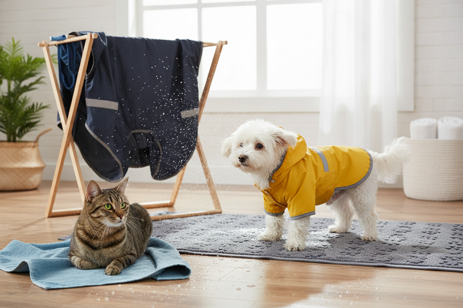 Dog raincoat care scene showing a small dog in a rain coat beside a cat on a clean drying surface after a wet walk