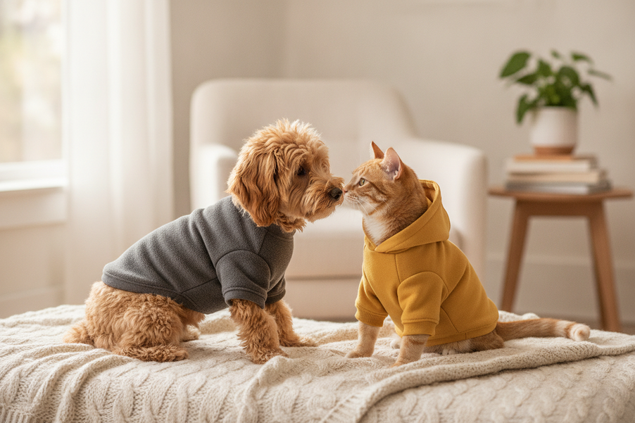 Dog hoodie and dog sweatshirt styling concept with a small dog and cat together in a cozy everyday scene