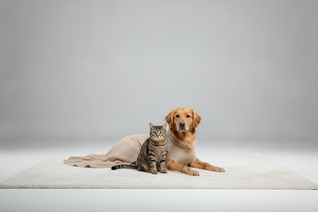 Dog and cat posed together in a soft studio-style pet fashion scene, with the dog wearing a simple dress that allows natural movement