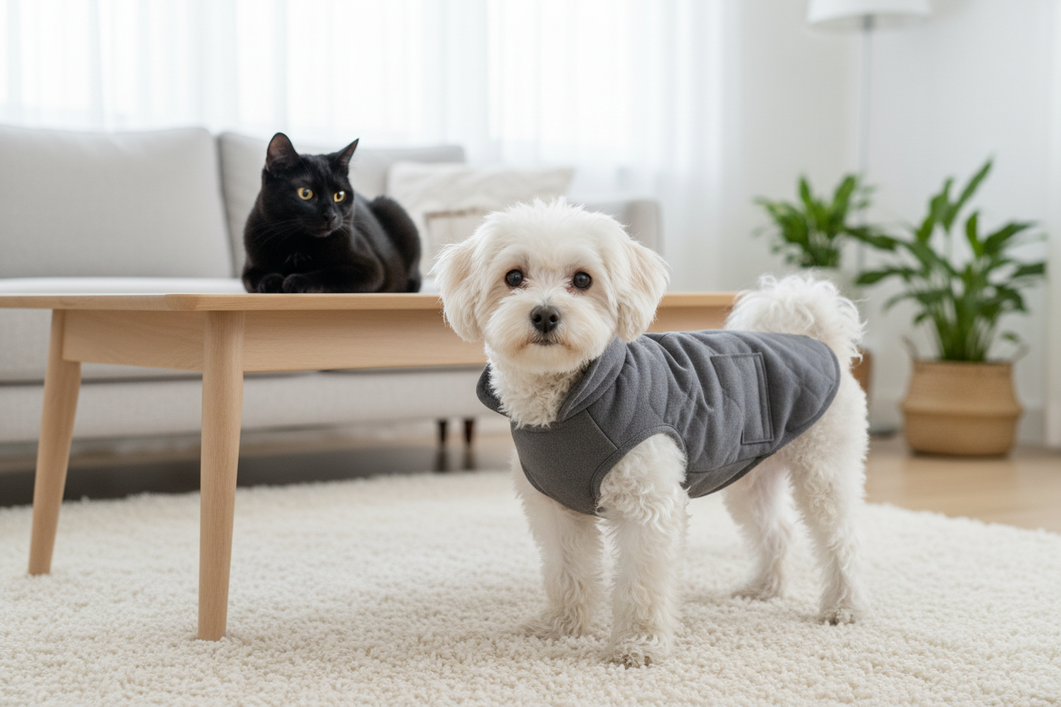 Dog coat fit check on a small dog and cat indoors, showing chest, back, and leg clearance during a calm try-on