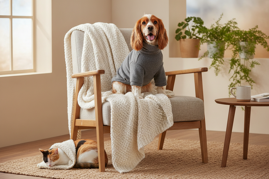 Cocker Spaniel wearing dog clothes in a calm lifestyle scene with a small cat nearby, showing coverage and fit for a medium-build dog