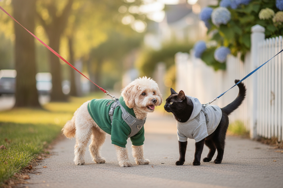 Dog and cat wearing a cozy hoodie and harness setup during an outdoor walk, showing leash access and comfortable movement